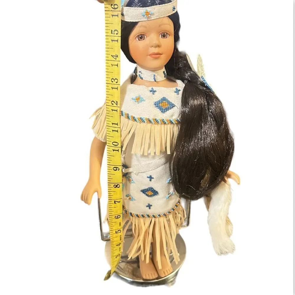 Vintage Native American Porcelain Doll Traditional Dress Fringe and Beads 16 inc - Picture 8 of 15